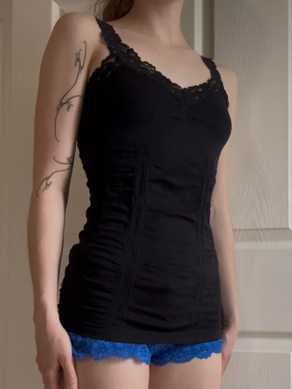 BONGO Black Lace-Trim Camisole Tank Top With Ruched Detailing